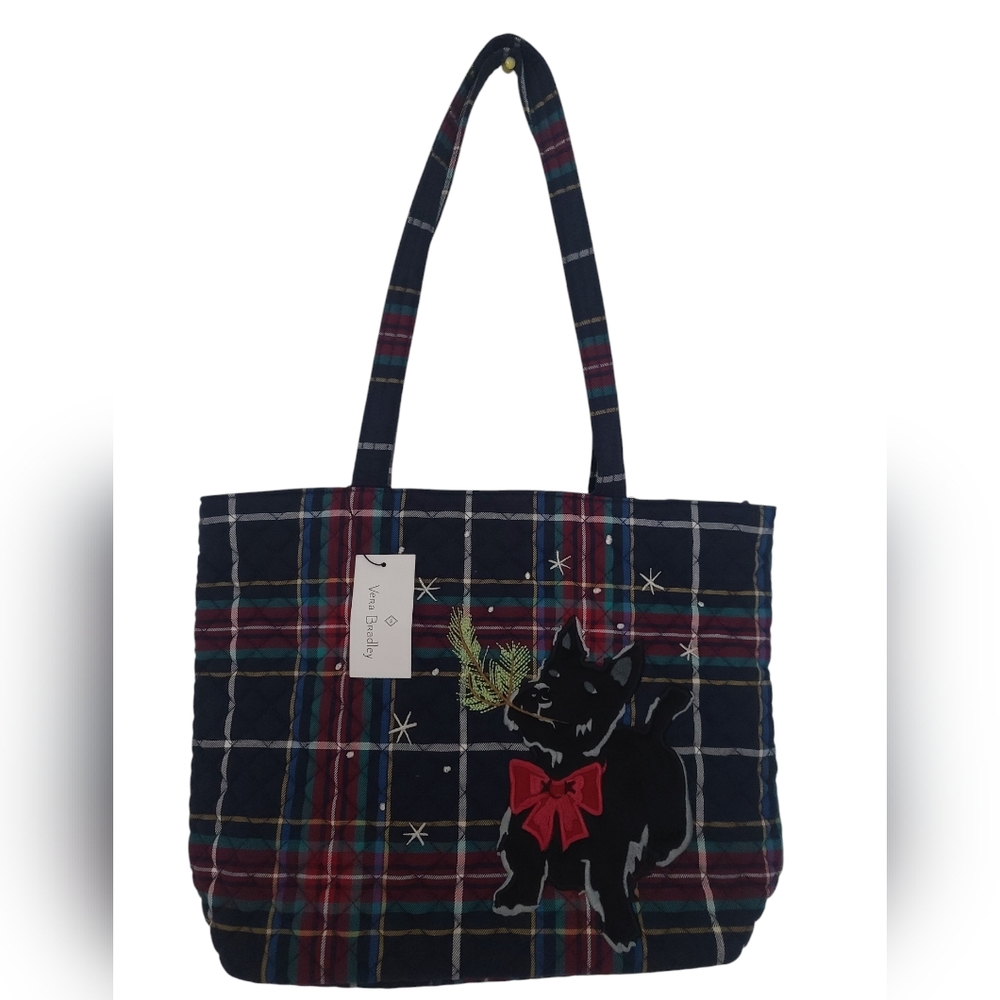 Vera Bradley Small Tote Embroidered Blue Black Scotty Dog Bag Quilted Holiday